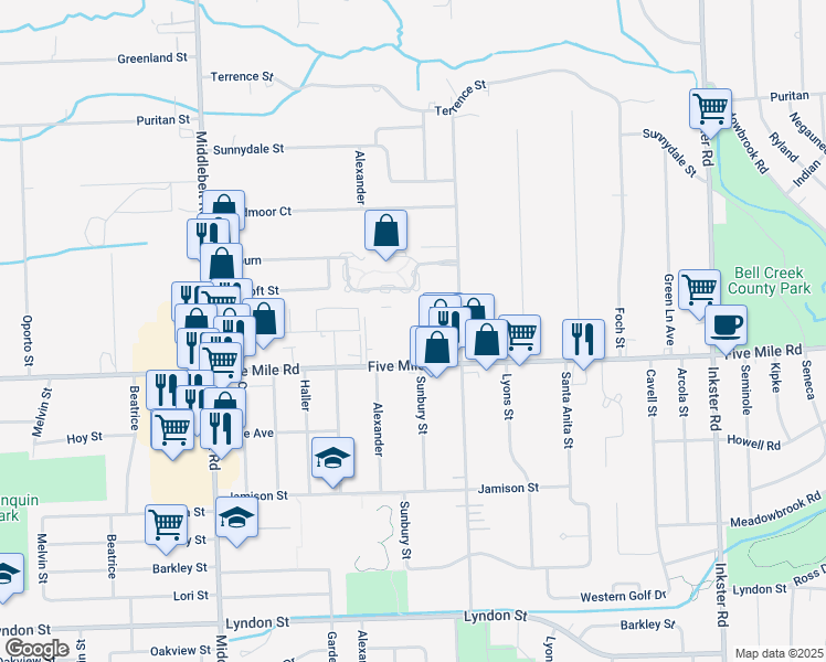 map of restaurants, bars, coffee shops, grocery stores, and more near 28550 Five Mile Road in Livonia