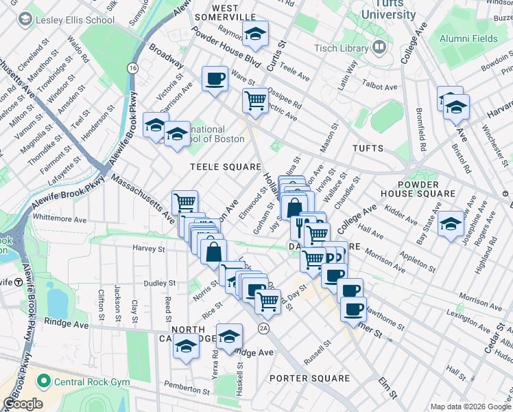 map of restaurants, bars, coffee shops, grocery stores, and more near 4A Elmwood Terrace in Somerville