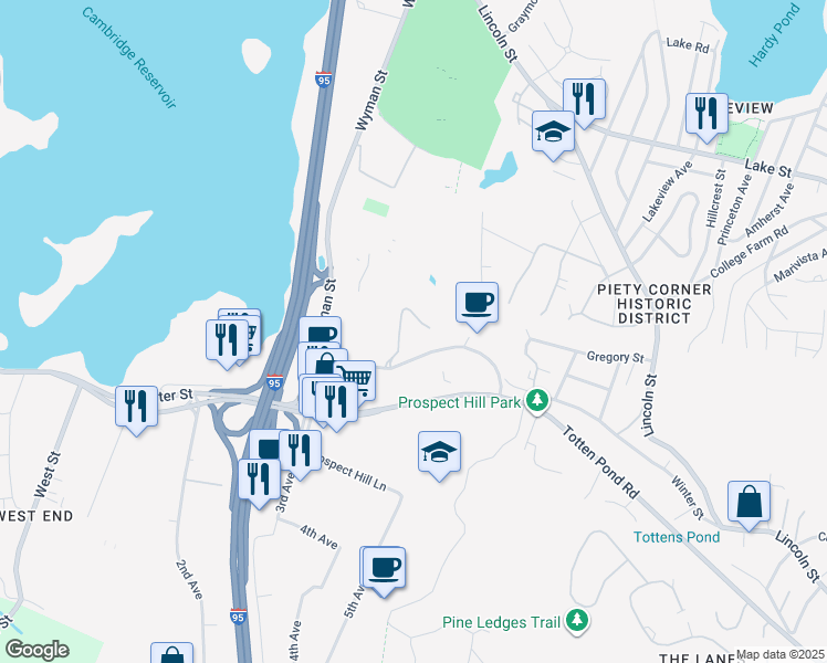 map of restaurants, bars, coffee shops, grocery stores, and more near 281 Winter Street in Waltham