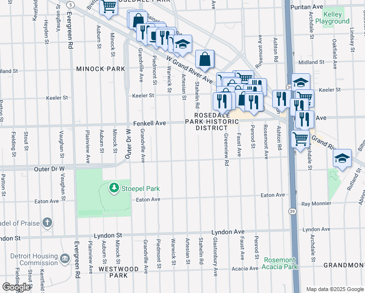 map of restaurants, bars, coffee shops, grocery stores, and more near 15042 Artesian Street in Detroit