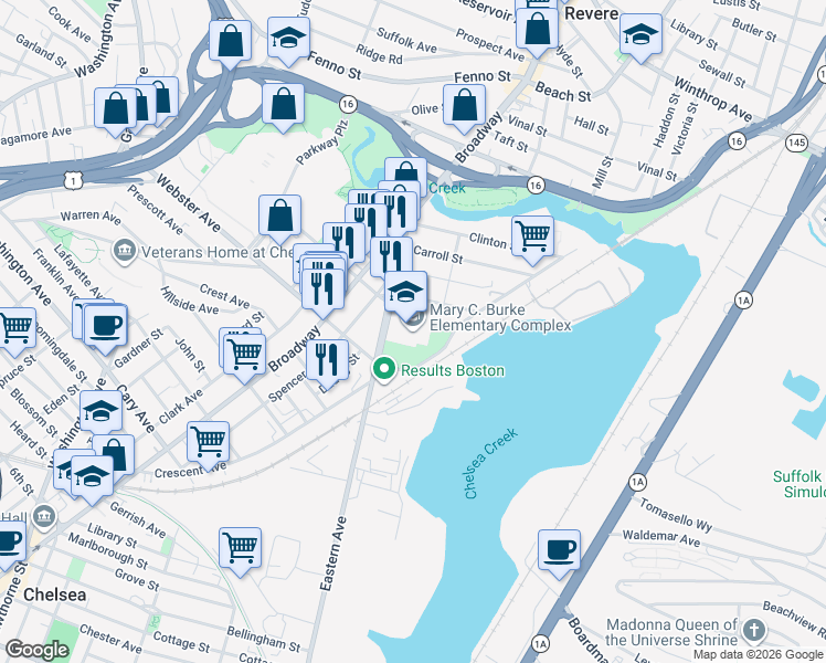 map of restaurants, bars, coffee shops, grocery stores, and more near 300 Crescent Avenue in Chelsea