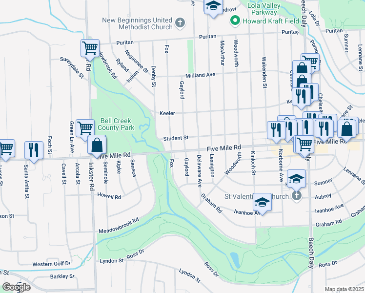 map of restaurants, bars, coffee shops, grocery stores, and more near 26704 Five Mile Road in Redford Charter Township