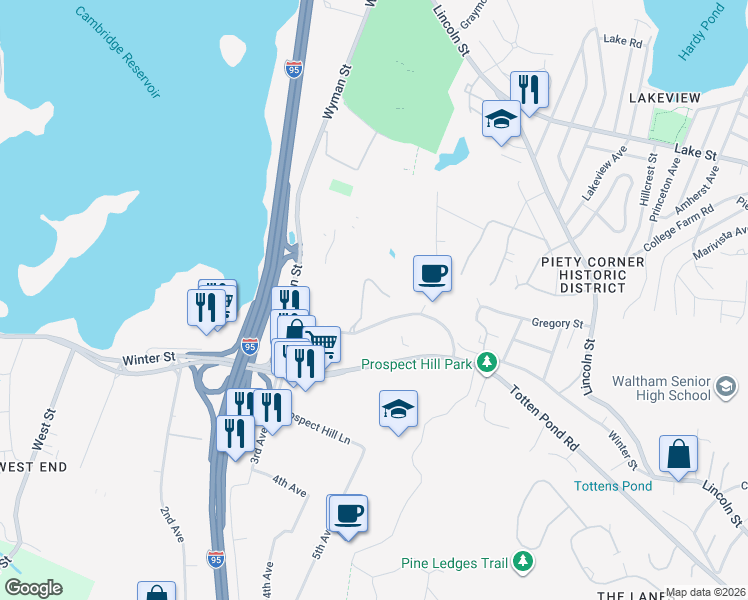 map of restaurants, bars, coffee shops, grocery stores, and more near 305 Winter Street in Waltham
