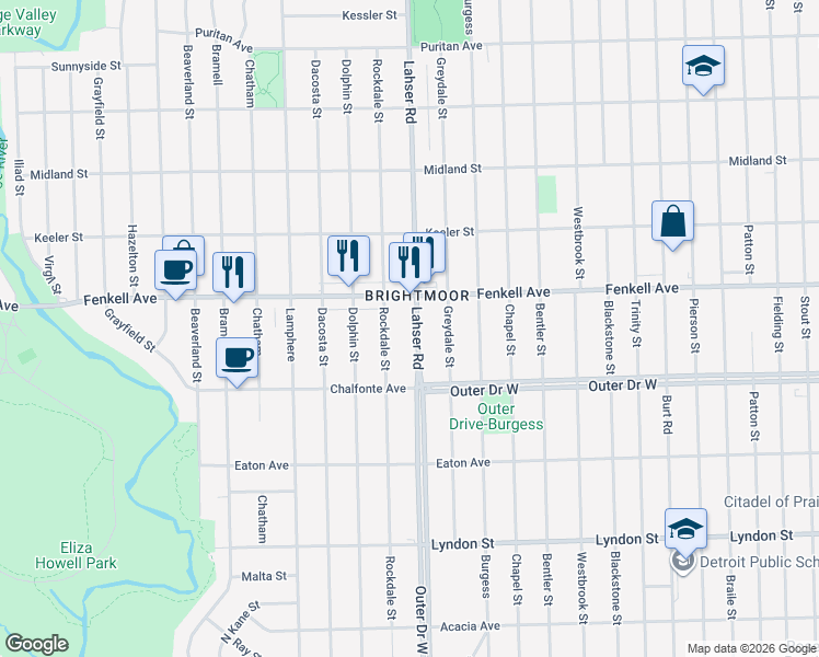 map of restaurants, bars, coffee shops, grocery stores, and more near 15108 Rockdale Street in Detroit