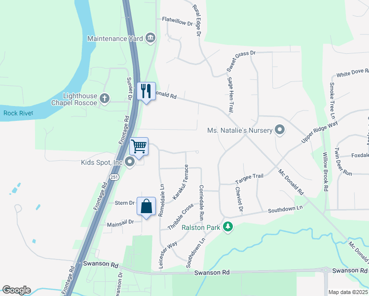 map of restaurants, bars, coffee shops, grocery stores, and more near 5650 Tall Pines Parkway in Roscoe