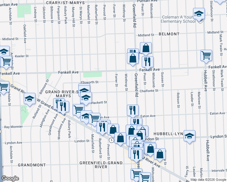 map of restaurants, bars, coffee shops, grocery stores, and more near 14965 Forrer Street in Detroit