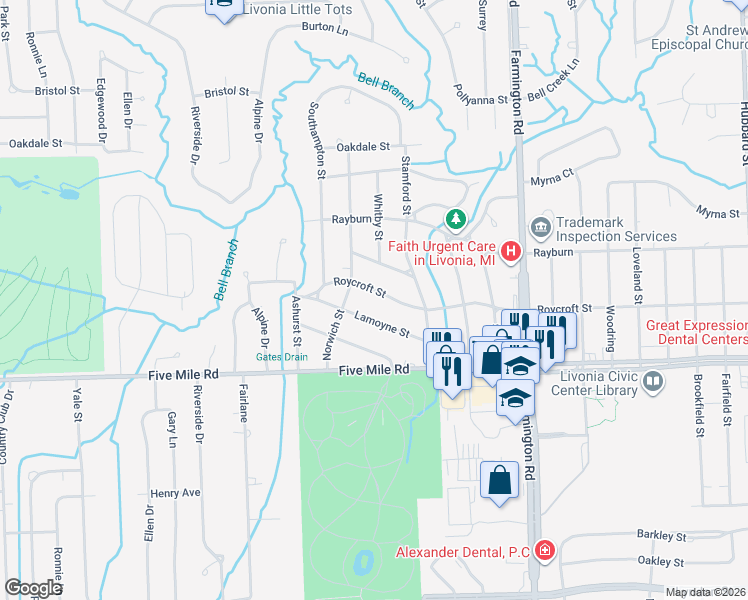 map of restaurants, bars, coffee shops, grocery stores, and more near 34044 Lamoyne Street in Livonia