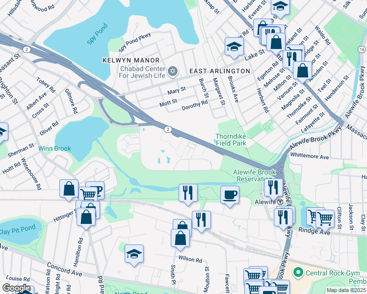 map of restaurants, bars, coffee shops, grocery stores, and more near 211 Concord Turnpike in Cambridge