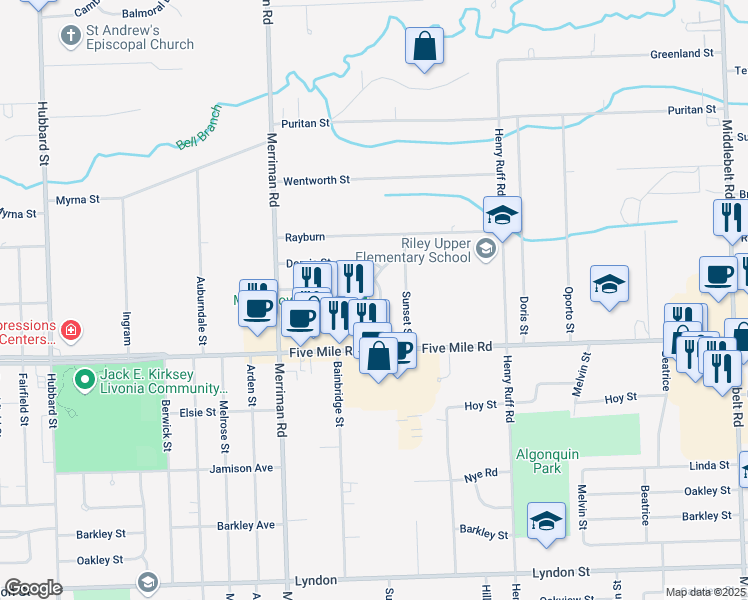 map of restaurants, bars, coffee shops, grocery stores, and more near 30950 Five Mile Road in Livonia