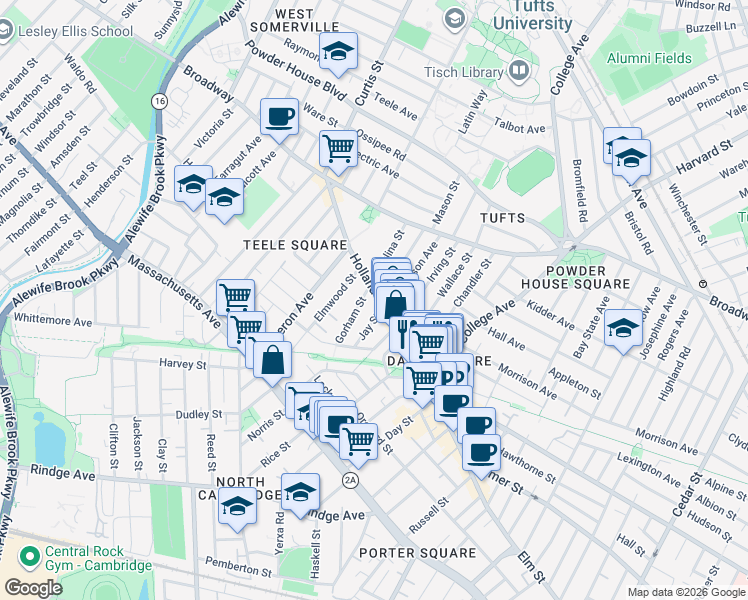 map of restaurants, bars, coffee shops, grocery stores, and more near 20 Gorham Street in Somerville