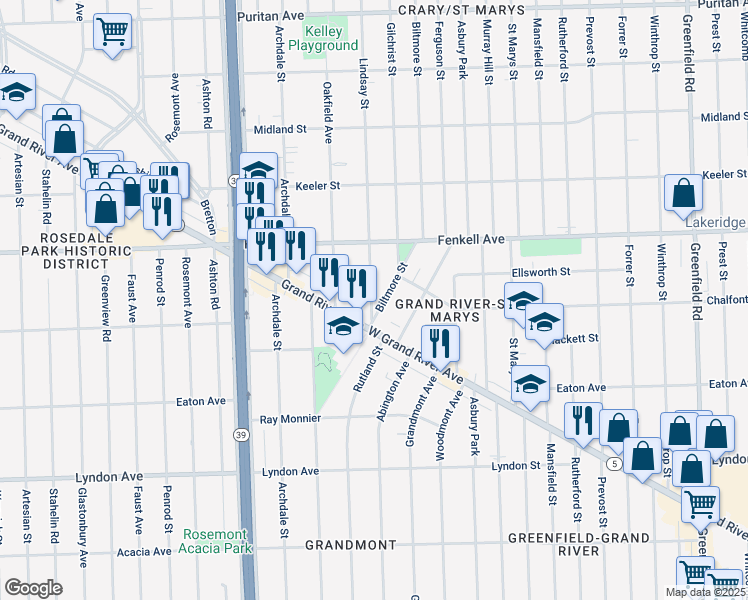 map of restaurants, bars, coffee shops, grocery stores, and more near 14840 Lindsay Street in Detroit