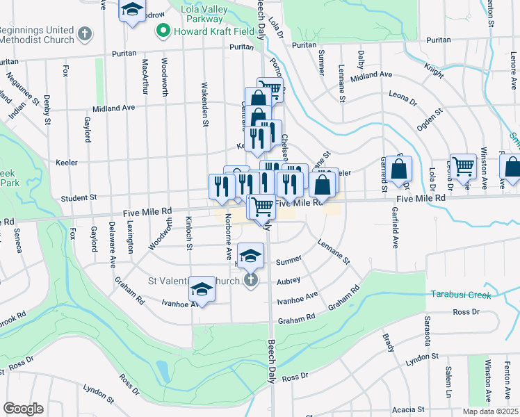 map of restaurants, bars, coffee shops, grocery stores, and more near 25817 Five Mile Road in Redford Charter Township