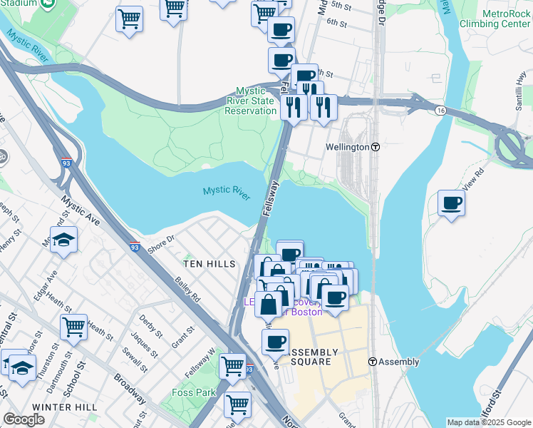 map of restaurants, bars, coffee shops, grocery stores, and more near Wellington Bridge in Medford