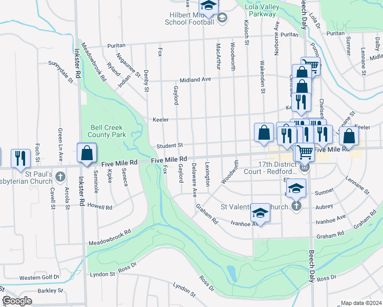 map of restaurants, bars, coffee shops, grocery stores, and more near 26604 Five Mile Road in Redford Charter Township