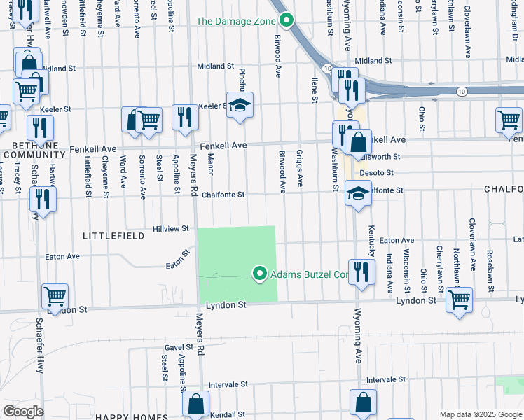 map of restaurants, bars, coffee shops, grocery stores, and more near 14909 Mendota Street in Detroit