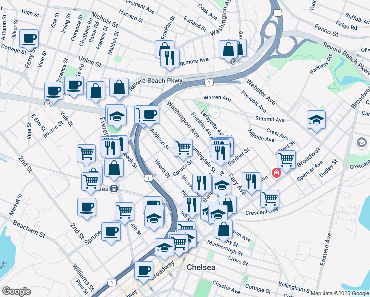 map of restaurants, bars, coffee shops, grocery stores, and more near 71 Orange Street in Chelsea