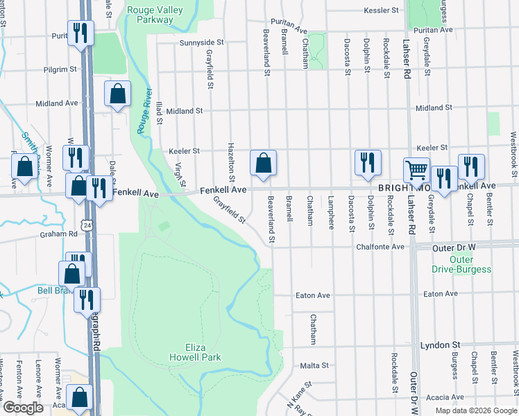 map of restaurants, bars, coffee shops, grocery stores, and more near 15132 West Parkway Street in Detroit