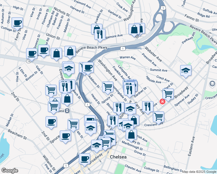 map of restaurants, bars, coffee shops, grocery stores, and more near 71 Orange Street in Chelsea