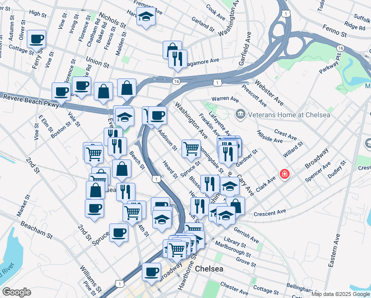 map of restaurants, bars, coffee shops, grocery stores, and more near 92 Addison Street in Chelsea