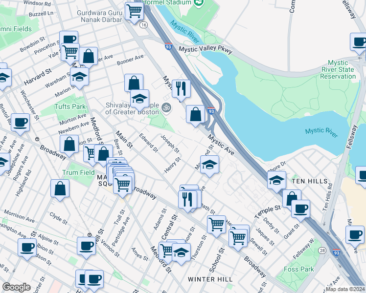 map of restaurants, bars, coffee shops, grocery stores, and more near 40 Joseph Street in Medford