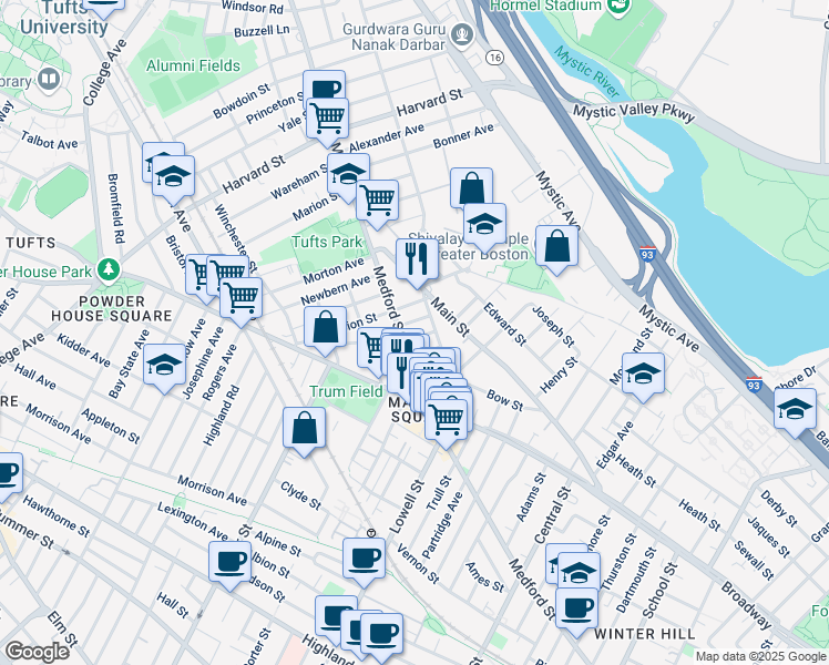 map of restaurants, bars, coffee shops, grocery stores, and more near 12 Hale Avenue in Medford