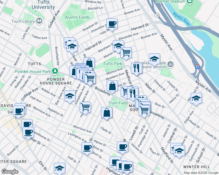 map of restaurants, bars, coffee shops, grocery stores, and more near 611 Broadway in Somerville