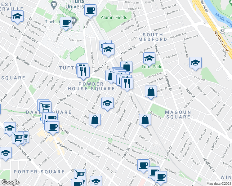 map of restaurants, bars, coffee shops, grocery stores, and more near 251 Willow Avenue in Somerville