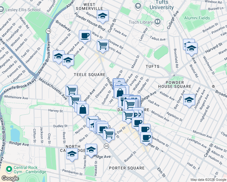 map of restaurants, bars, coffee shops, grocery stores, and more near 20 Gorham Street in Somerville