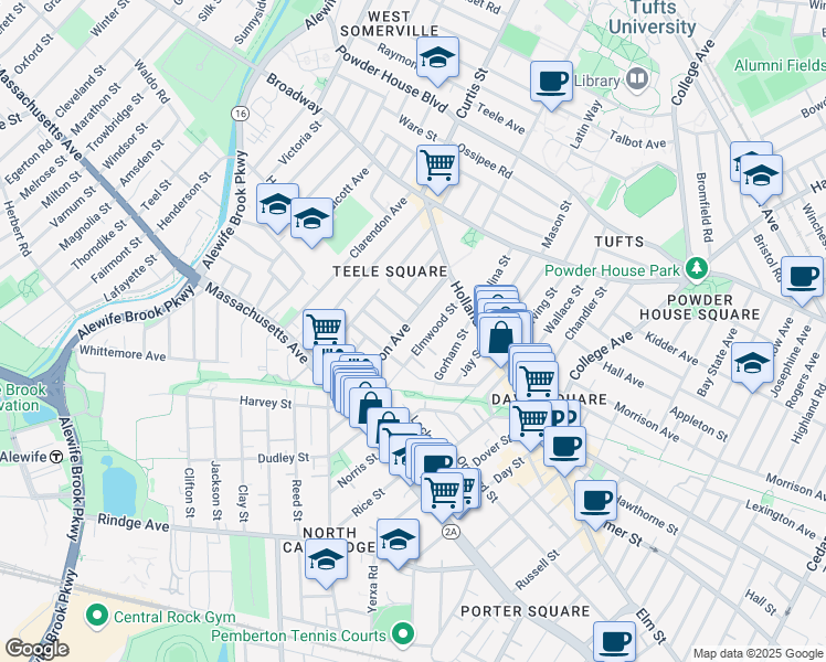 map of restaurants, bars, coffee shops, grocery stores, and more near 4A Elmwood Terrace in Somerville