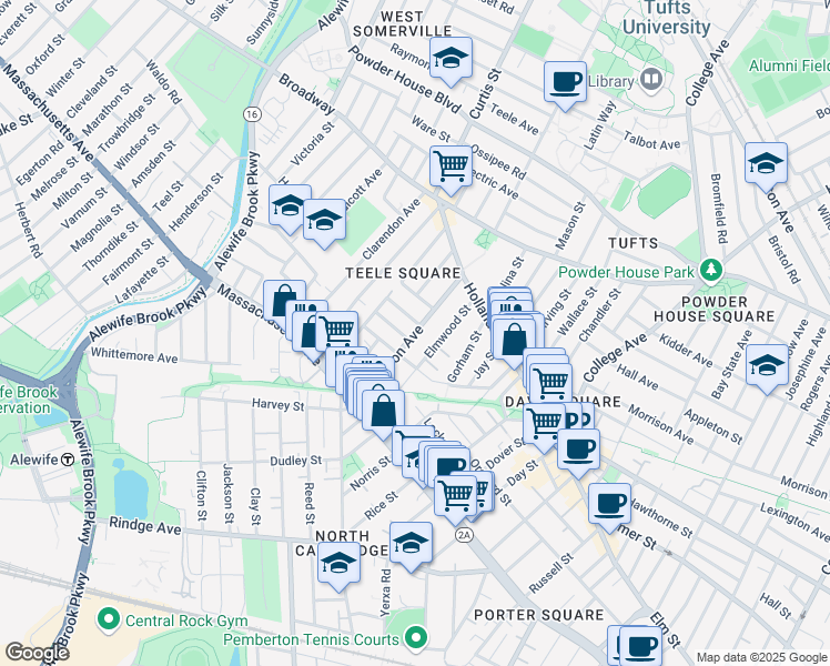 map of restaurants, bars, coffee shops, grocery stores, and more near 64 Cameron Avenue in Somerville