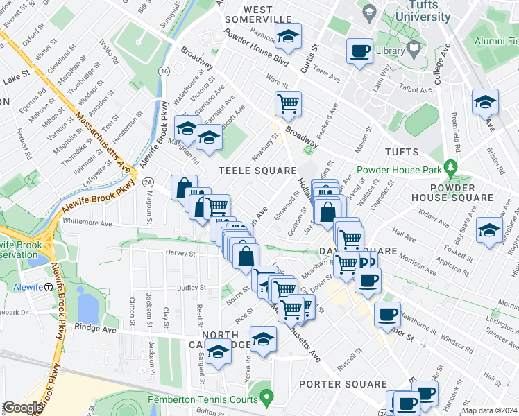 map of restaurants, bars, coffee shops, grocery stores, and more near 64 Cameron Avenue in Somerville