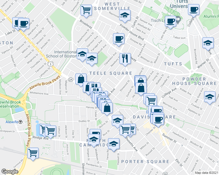 map of restaurants, bars, coffee shops, grocery stores, and more near 64 Cameron Avenue in Somerville