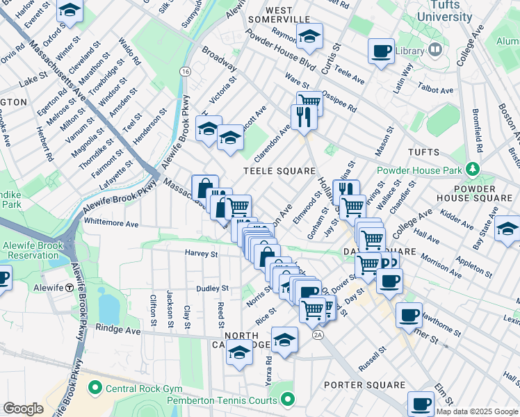 map of restaurants, bars, coffee shops, grocery stores, and more near 29 Camp Street in Cambridge