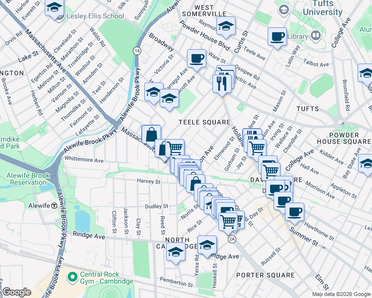 map of restaurants, bars, coffee shops, grocery stores, and more near 29 Camp Street in Cambridge