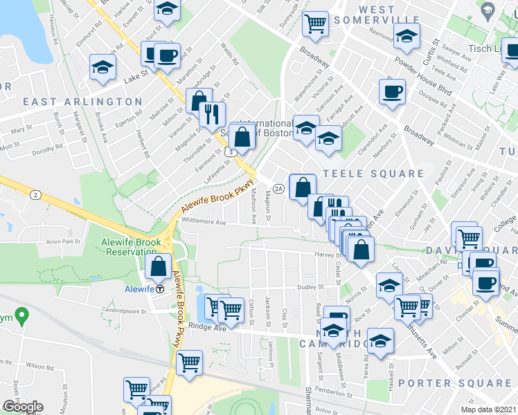 map of restaurants, bars, coffee shops, grocery stores, and more near 47 Madison Avenue in Cambridge