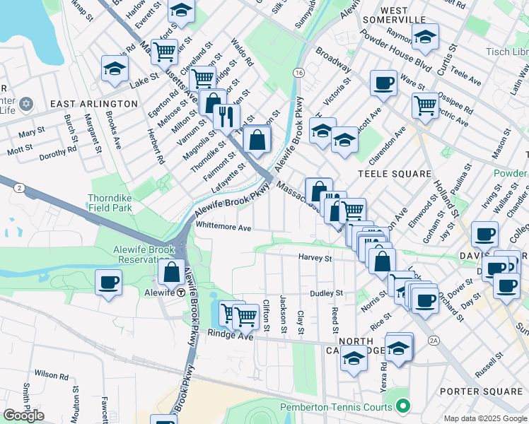 map of restaurants, bars, coffee shops, grocery stores, and more near 47 Madison Avenue in Cambridge