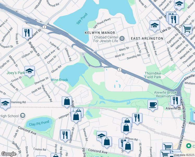 map of restaurants, bars, coffee shops, grocery stores, and more near 375 Acorn Park Drive in Belmont