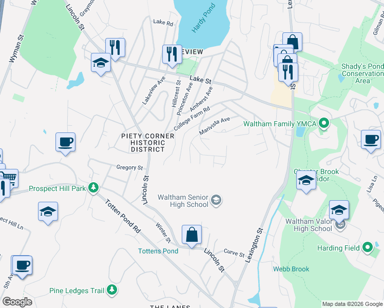 map of restaurants, bars, coffee shops, grocery stores, and more near 138 Marivista Avenue in Waltham