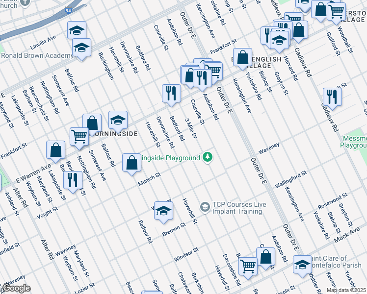 map of restaurants, bars, coffee shops, grocery stores, and more near 4635 Bedford Road in Detroit