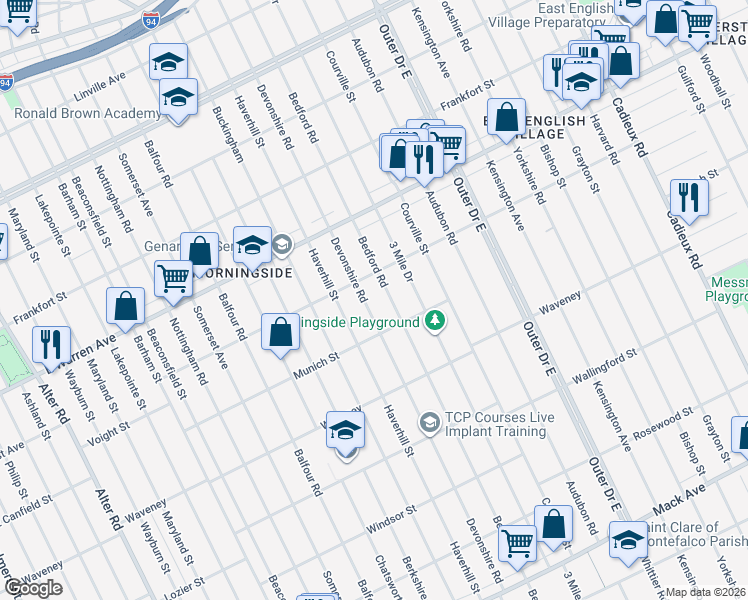 map of restaurants, bars, coffee shops, grocery stores, and more near 4635 Bedford Road in Detroit
