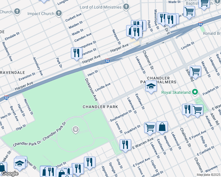 map of restaurants, bars, coffee shops, grocery stores, and more near 5773 Drexel Street in Detroit