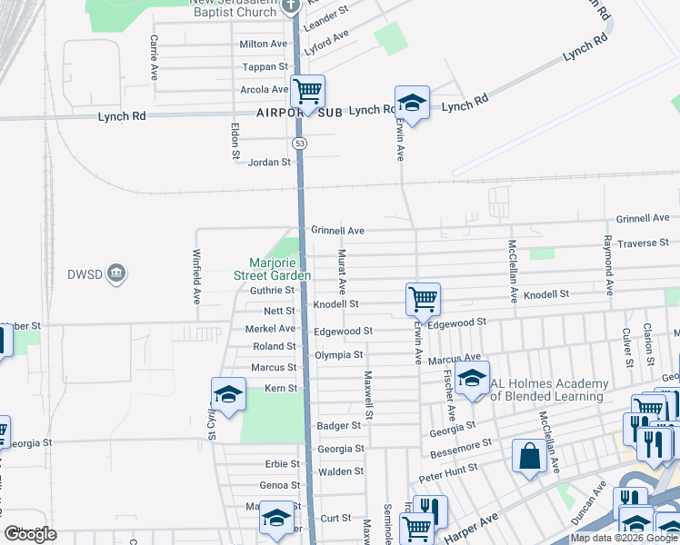 map of restaurants, bars, coffee shops, grocery stores, and more near 8120 Woodlawn Avenue in Detroit