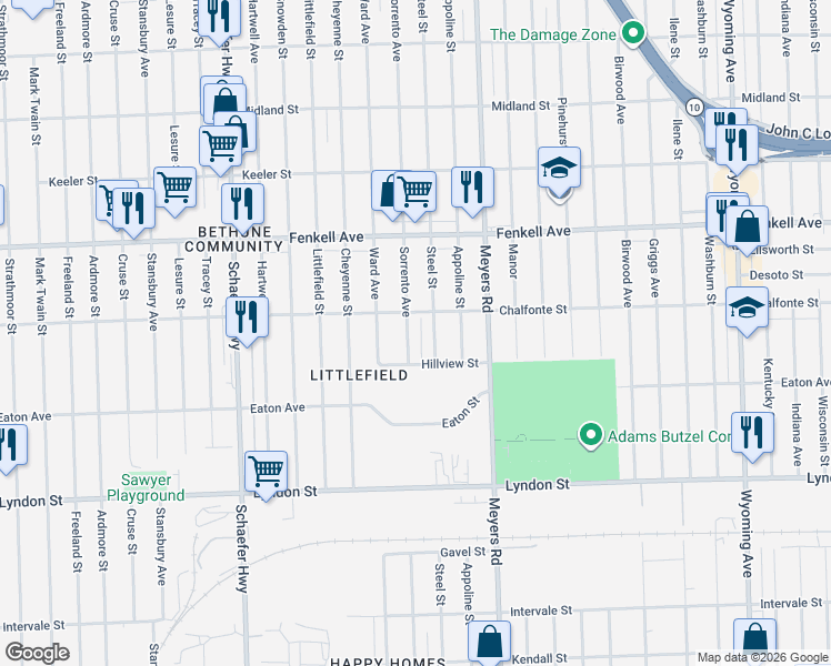 map of restaurants, bars, coffee shops, grocery stores, and more near 14892 Sorrento Avenue in Detroit