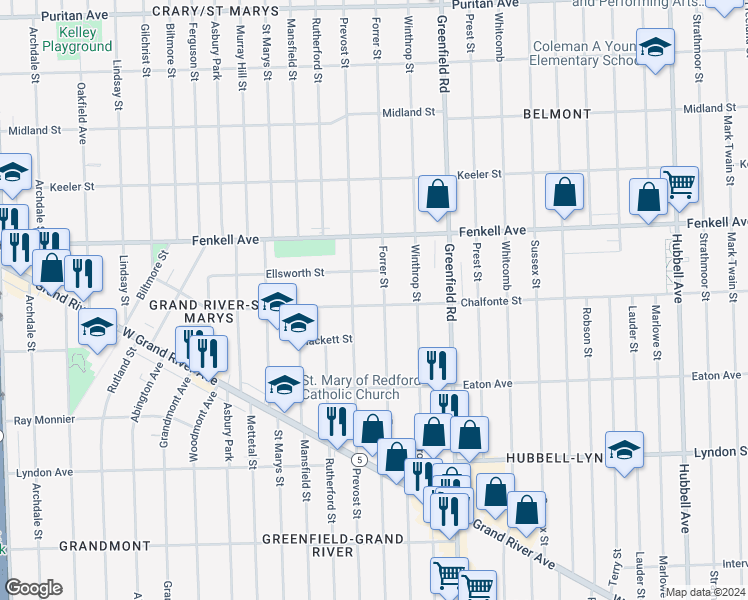 map of restaurants, bars, coffee shops, grocery stores, and more near 14965 Forrer Street in Detroit