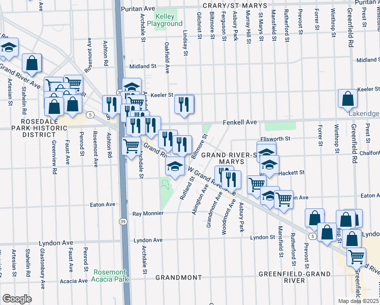 map of restaurants, bars, coffee shops, grocery stores, and more near 14840 Lindsay Street in Detroit