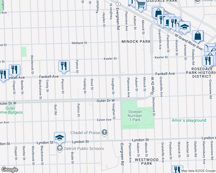 map of restaurants, bars, coffee shops, grocery stores, and more near 15056 Heyden Street in Detroit