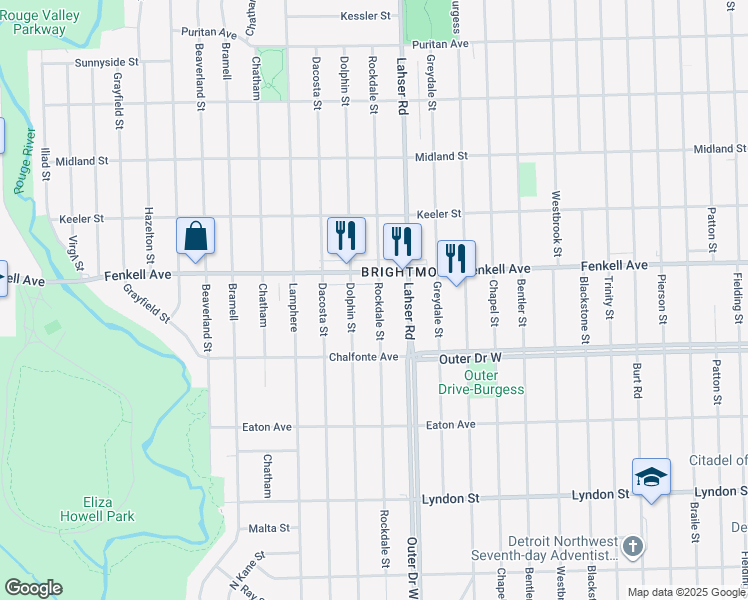 map of restaurants, bars, coffee shops, grocery stores, and more near 15094 Dolphin Street in Detroit