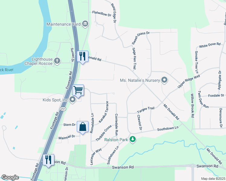 map of restaurants, bars, coffee shops, grocery stores, and more near 5715 Tall Pines Parkway in Roscoe
