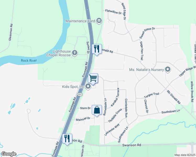 map of restaurants, bars, coffee shops, grocery stores, and more near 9526 Romeldale Lane in Roscoe