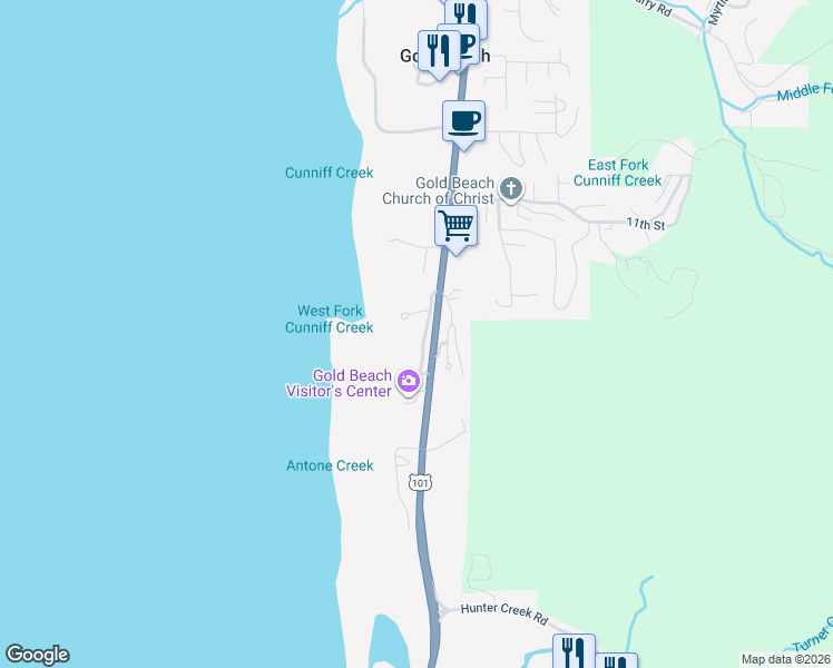 map of restaurants, bars, coffee shops, grocery stores, and more near 29134 Ellensburg Avenue in Gold Beach